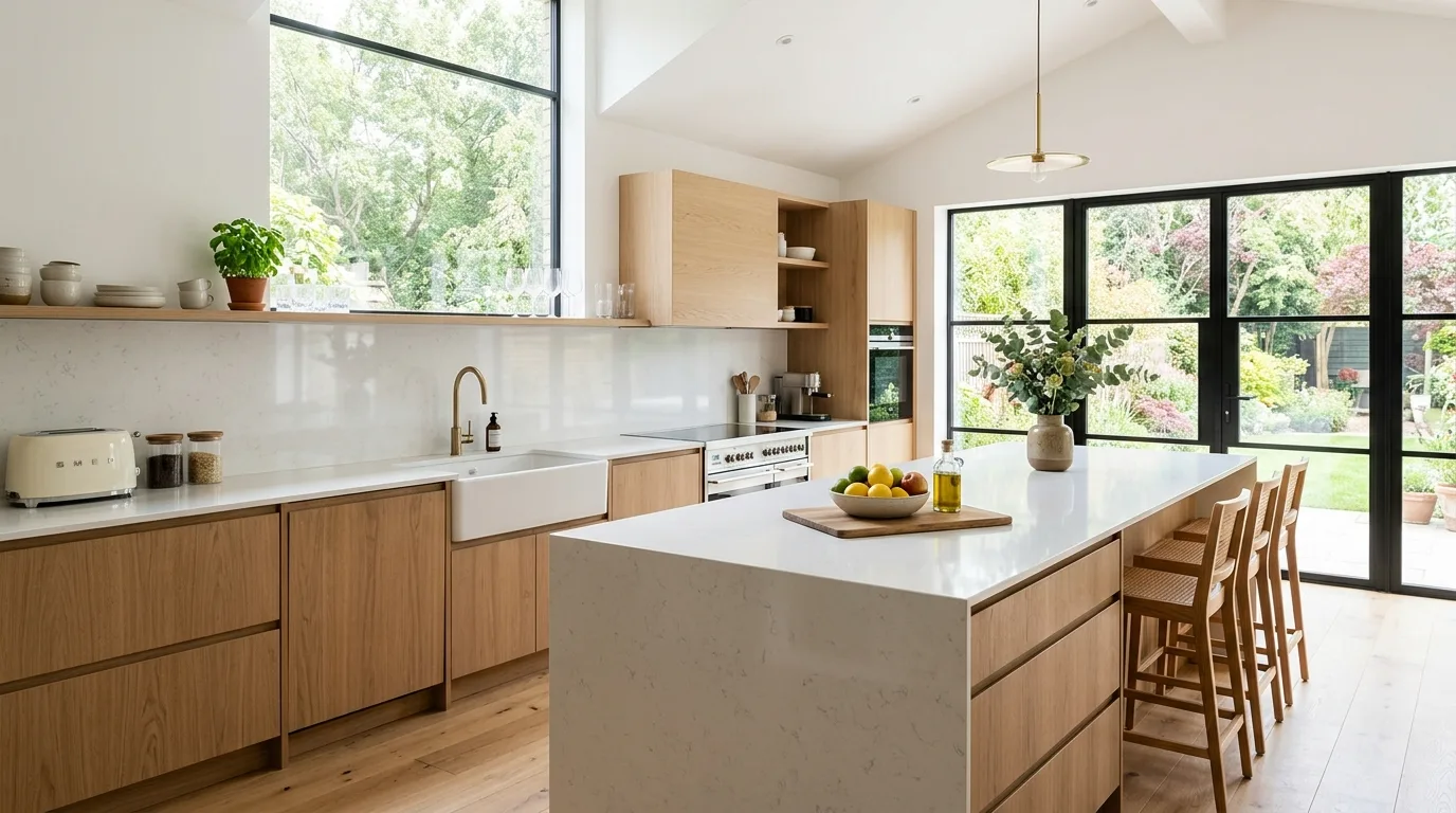 Repeat oak across the island or hood inspiration for a warm white and white oak kitchen.
